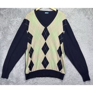 J‎ McLaughlin Men Sweater Blue Green Argyle V Neck Ivy League Preppy 2X XXL